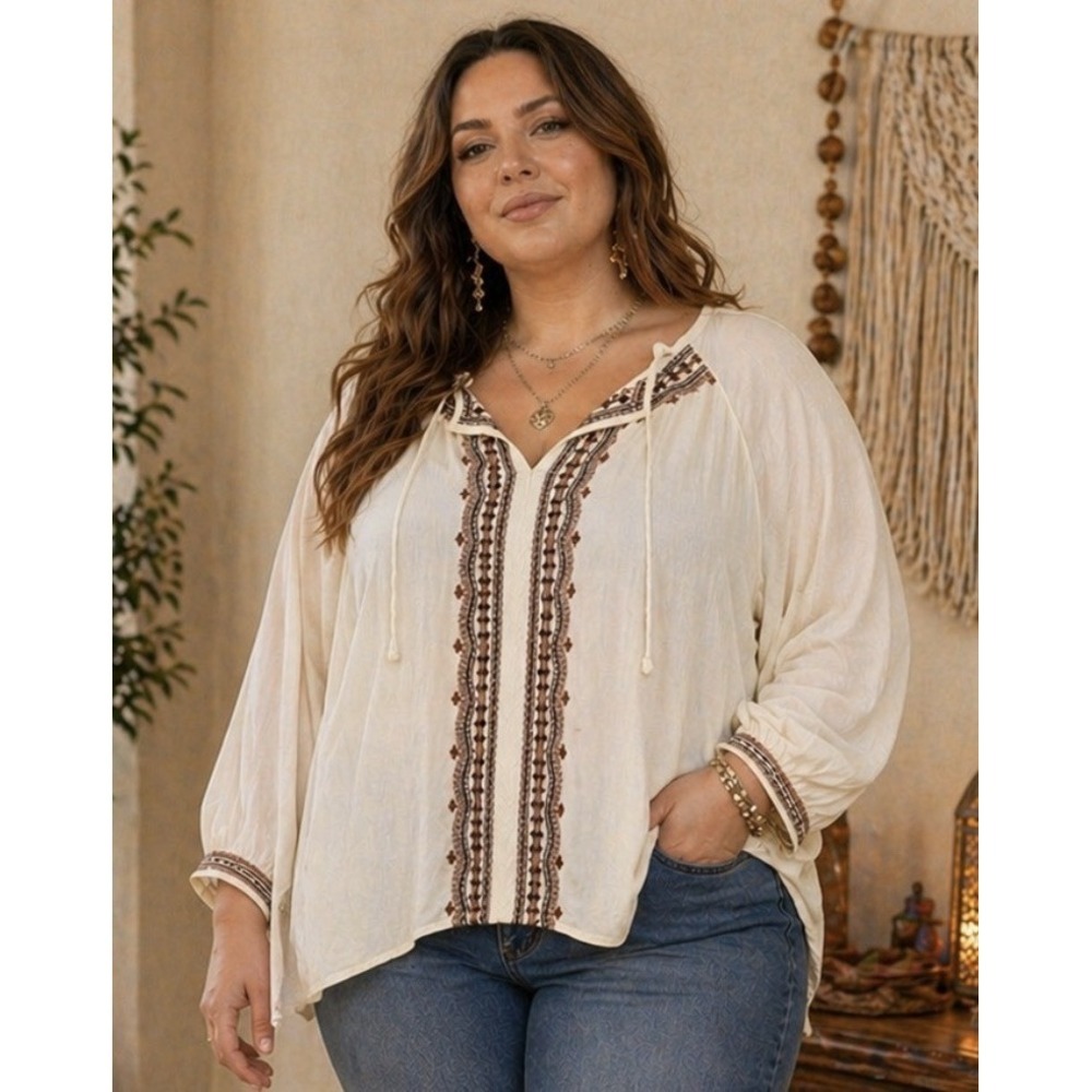 Democracy Embroidered Asymmetrical Peasant Blouse Size 1X Plus Sheer Boho Hippie